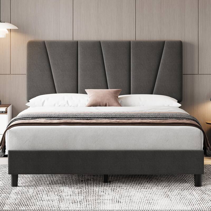 Linen Upholstered Platform Bed Frame with Strong Wooden Slats - Queen