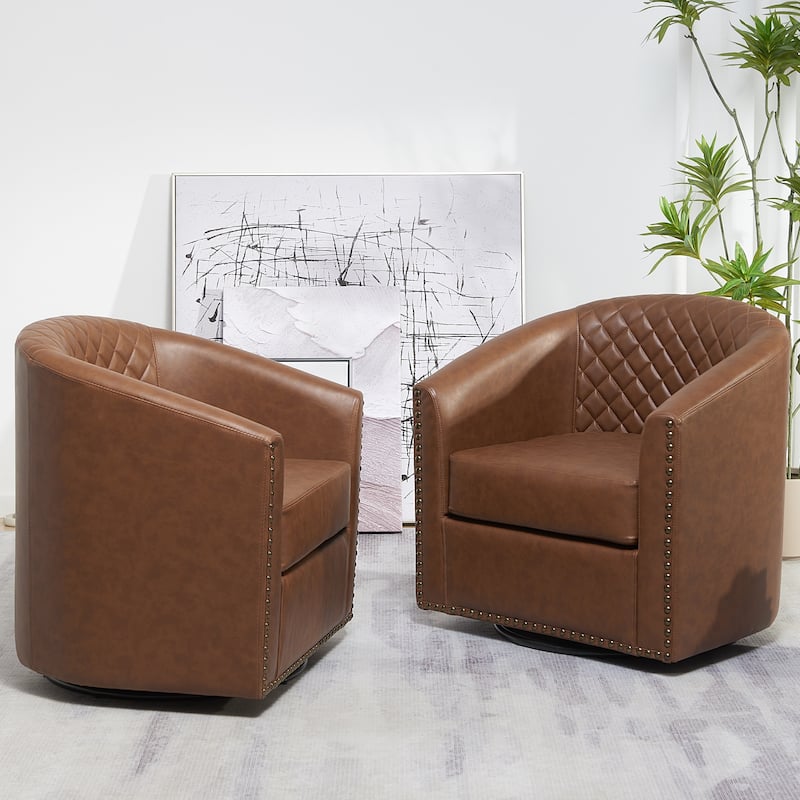 KINWELL 29" Wide Tufted PU Leather Swivel Barrel Chair (Set of 2)