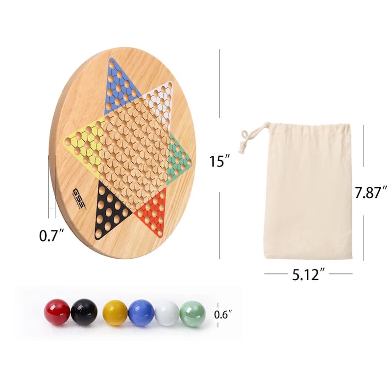 GSE™ 15" Jumbo Oak Wood Chinese Checkers Board Game Set with Colorful Glass Marbles