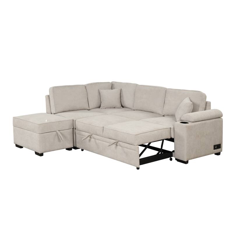 Velvet Convertible Sleeper Sectional Sofa, Pull-Out Couch Bed, L-Shaped Corner Sofa with USB Ports and Dual Power Sockets