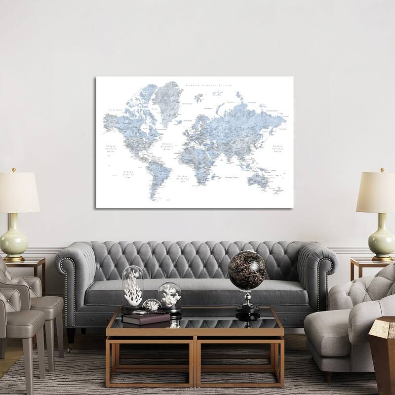 iCanvas "Labels In Spanish Blue And Grey World Map" by blursbyai Canvas Print