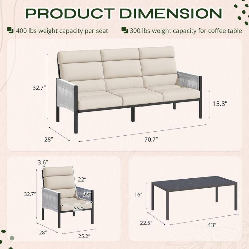 AECOJOY 4 Pieces Outdoor Aluminum Patio Furniture Set with Coffee Table, Morden Outdoor Patio Sectional Furniture Set