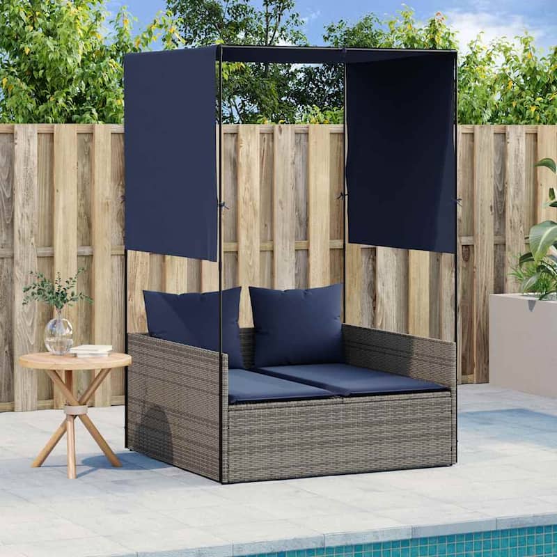 vidaXL Double Sun Lounger with Roof and Curtains Poly Rattan Brown/Gray/Black - 17.0 x 18.3 x 29.0 - Grey