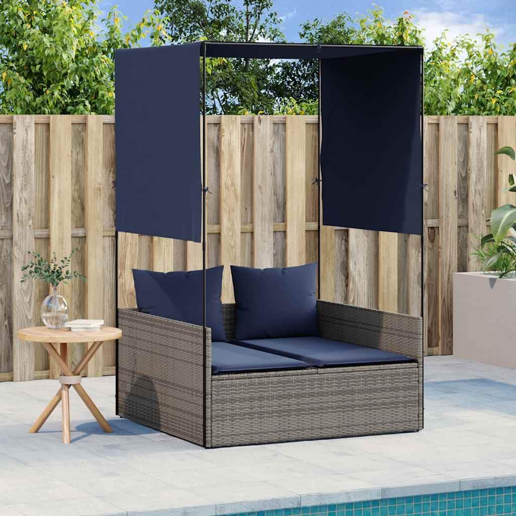 vidaXL Double Sun Lounger with Roof and Curtains Poly Rattan Brown/Gray/Black - 17.0 x 18.3 x 29.0