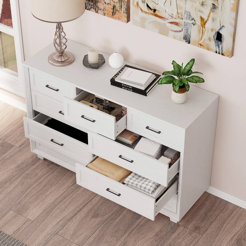 Modern 9-Drawer Dresser with Solid Wood Legs, Vintage Brown and White Wood Grain Options, Bedroom Storage Chest