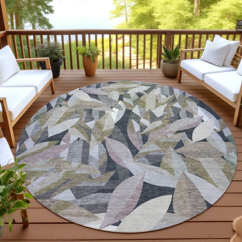 Machine Washable Indoor/ Outdoor Modern Floral Chantille Rug - Khaki - 8' x 8'