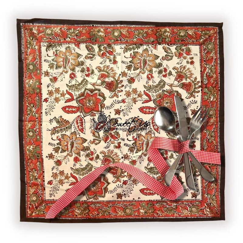 Blooming Flower Block Print Floral Cotton Tablecloth Collection - Set of 4 Napkins