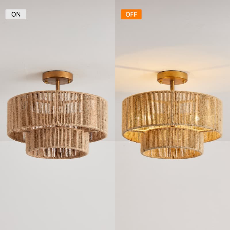 Bohemian Gold Natural Handmade Jute Rope 3-Light Two-Tier Drum Semi-Flush Mount Ceiling Light - 15.4" W x 12.6" H