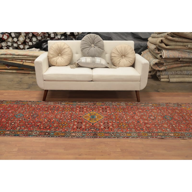 Hand Knotted Oriental 100% Wool Carpet Traditional Geometric Oranges & Rust Hamedan Runner Rug - 10' 4'' X 3' 7''