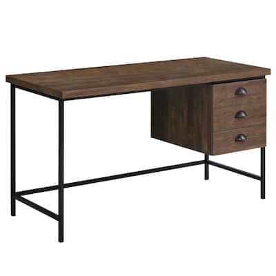 Brown Wood Computer Desk with Drawers, Black Metal Base and 55 inches Wide