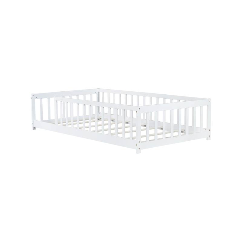 Twin Size Floor Bed With Fence Without Door, Rubber Wood Floor Bed With Safety Guardrails