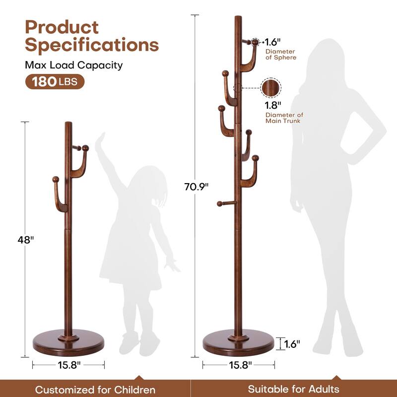 Rubberwood Freestanding Coat Rack Hanger with Hooks - 70.9"H/ 48"H x 15.8"W