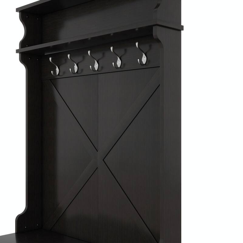 74.8"H Hall Tree with Top Shelf, Storage Bench, Sliding Doors and 5 Hooks