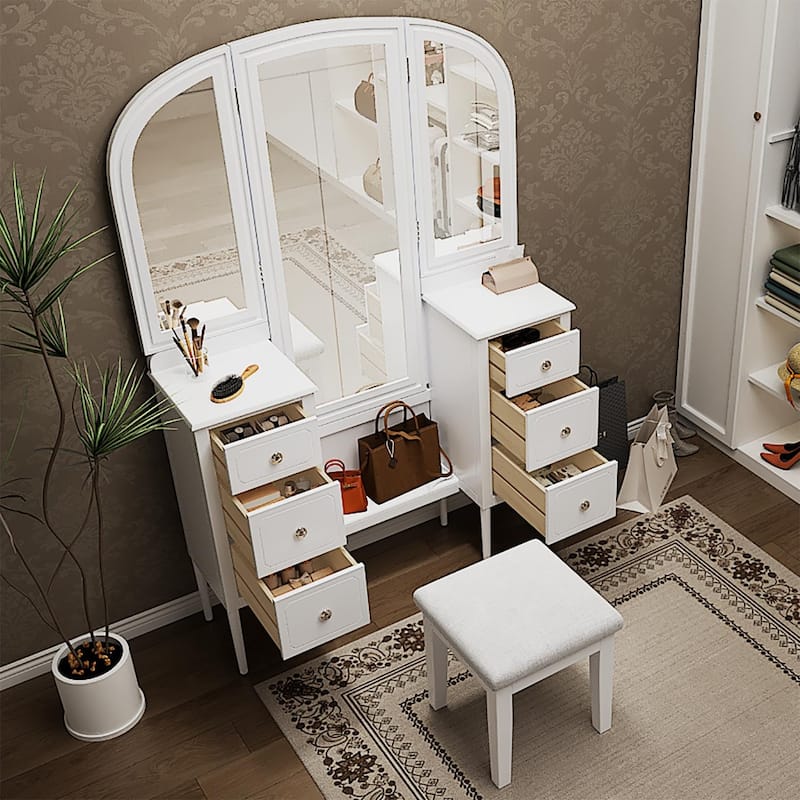 Antique Makeup Vanity Desk with Triple Mirror, 6-Drawer Dressing Table Set Including Stool, Full Length Mirror