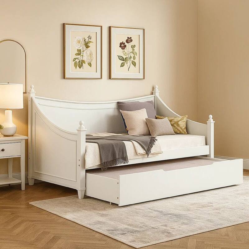 Kiki Twin Size Daybed w Trundle, Molded Details White Solid Wood