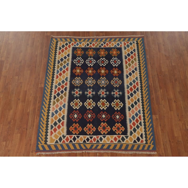 Navy Blue Kilim Qashqai Persian Area Rug Flatweave Wool Carpet - 5'0" x 6'2"