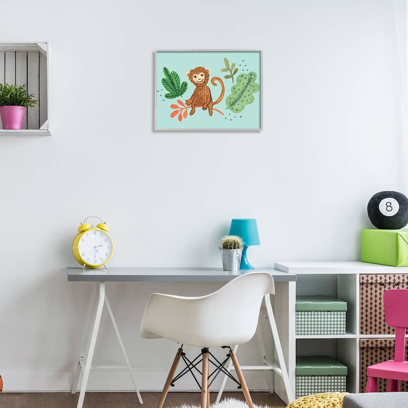 Stupell Cute Monkey Sitting Plants Leaves Illustration Framed Wall Art - Brown