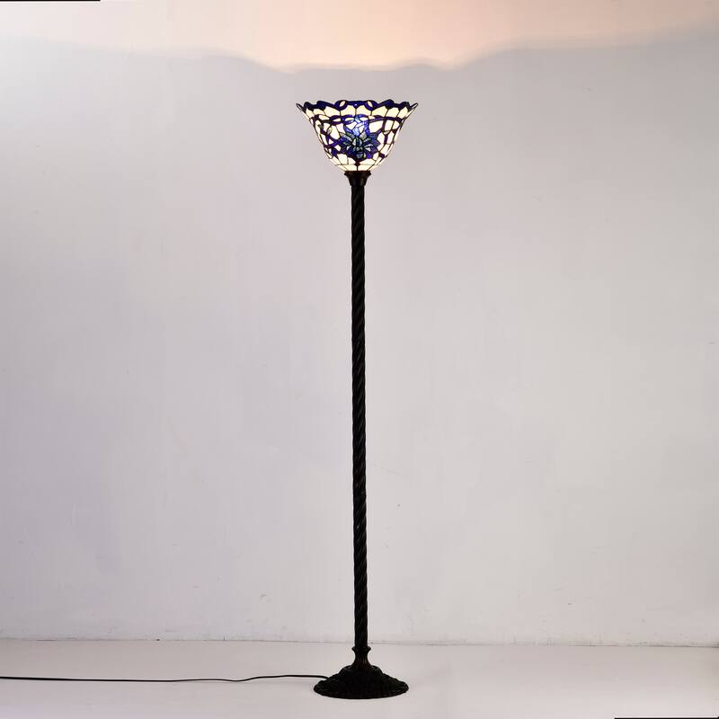 Prim 14-inch Blue/White Flower Design Glass/Bronze Tiffany-Style Torchiere Lamp