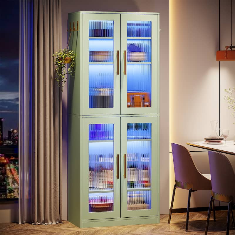 8-tier Modern Tall Bookcase Bookshelf with Doors and LED Light