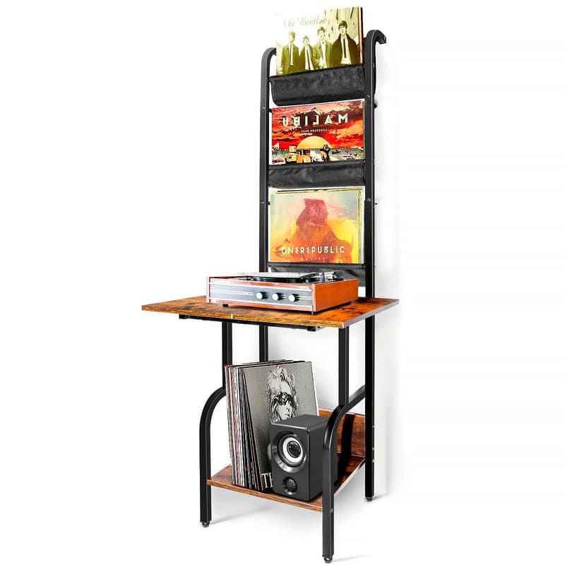 Record Player Stand with Vinyl Storage - 16.9"D x 19.7"W x 55.12"H - 16.9"D x 19.7"W x 55.12"H - Black - MDF