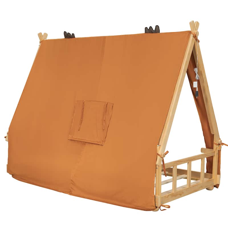 Deer Antler Accents House Bed Tent with Light and Roll-Up Curtain Skylight, Low Platform Bed with Detachable Tent and Roof