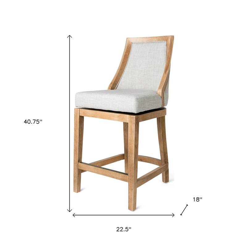 HomeRoots 26" Beige and Natural Fabric and Solid Wood Counter Height Swivel Bar Chair