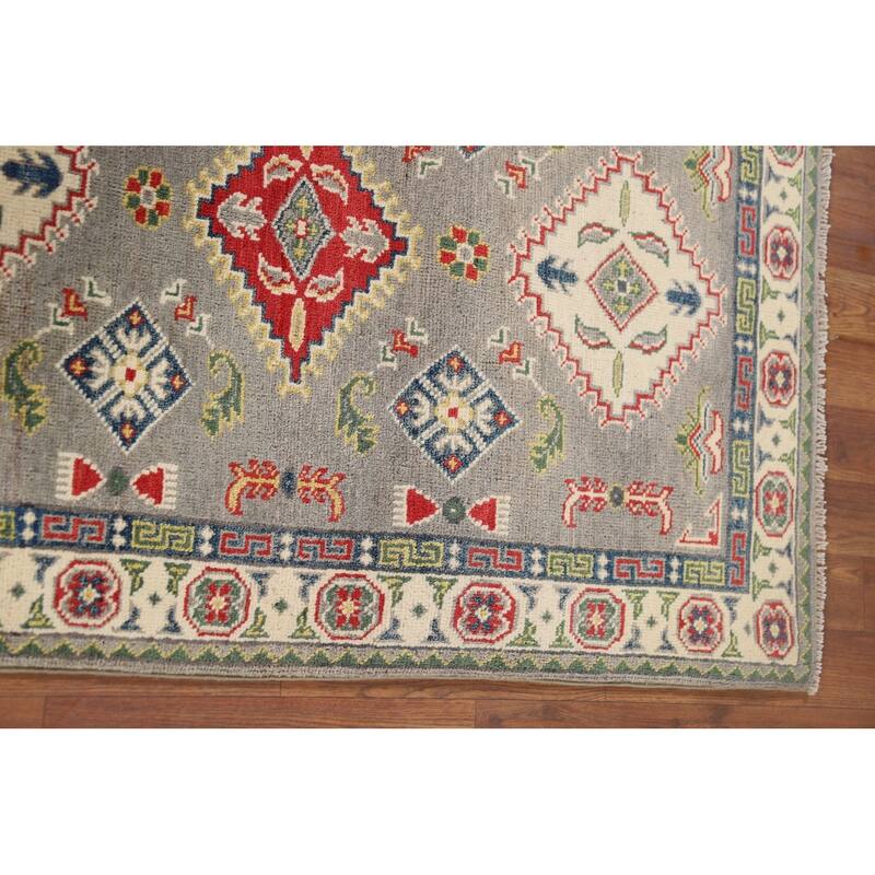 Gray Geometric Kazak Foyer Rug Hand-Knotted Oriental Wool Carpet - 2'8" x 4'1"