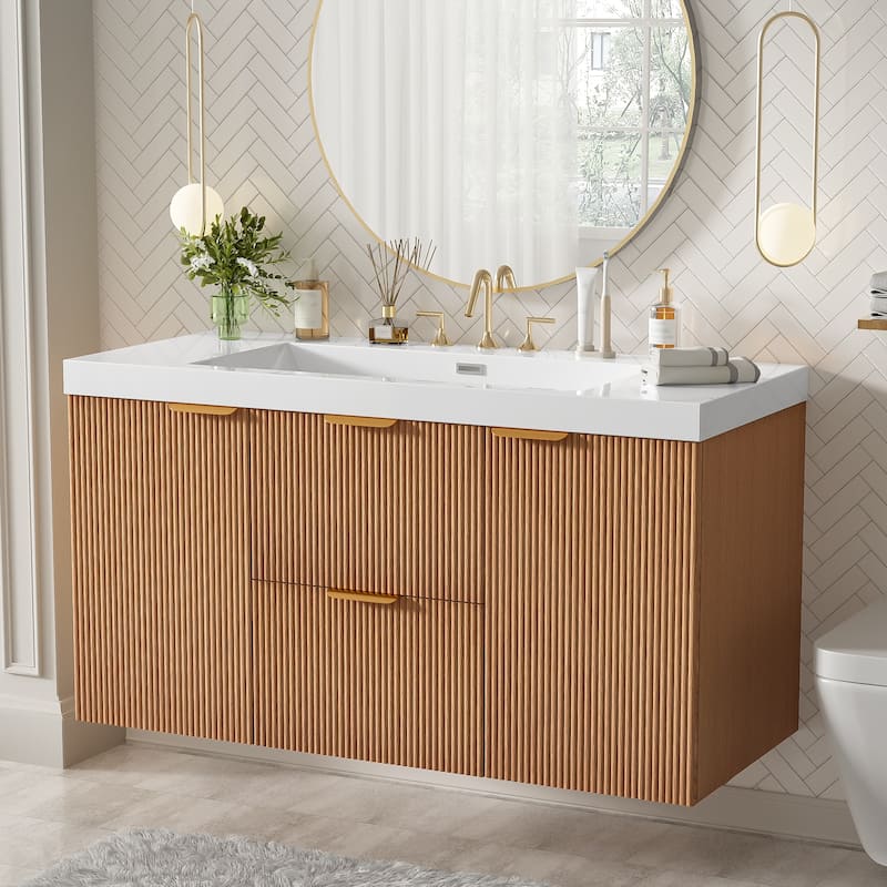 42"Single Sink Bathroom Vanity with SMC Top,MDF Cabinet,Soft Close Doors,U-shaped Drawers,Wall-Mounted Modern Storage Vanity
