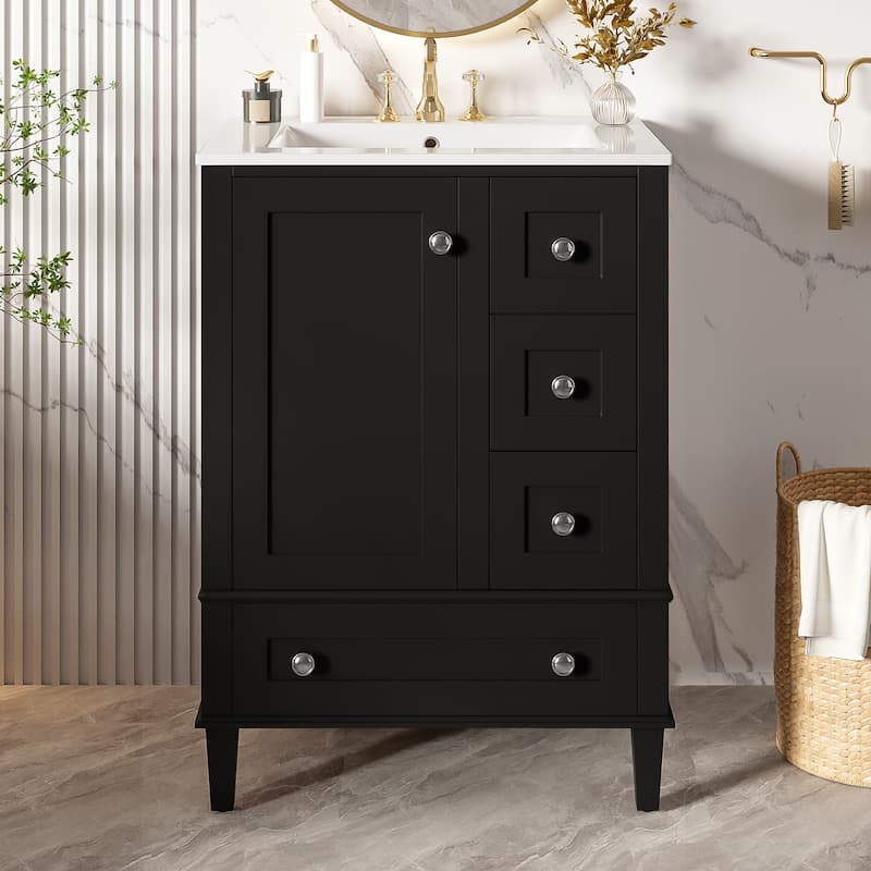 24-Inch Bathroom Vanity With An Integrated Ceramic Basin, Featuring A Door-Mounted Double-Layer Shelf, Soft-Close Drawers