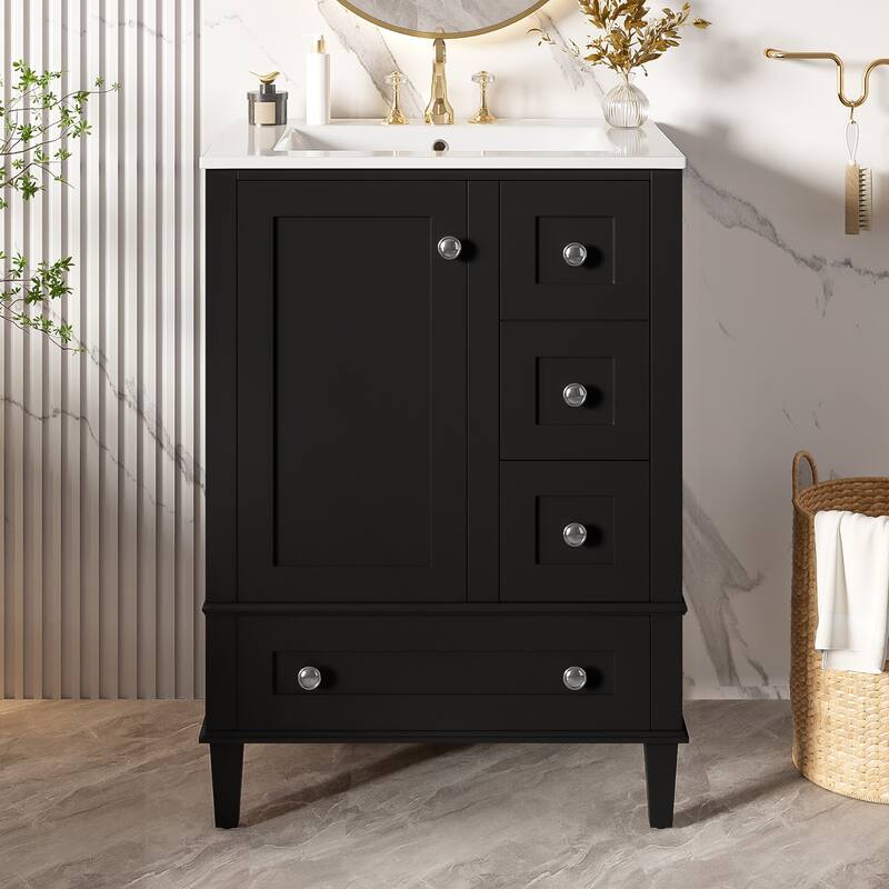 GDFStudio - Faraday Modern Freestanding Bathroom Vanity with Ceramic Sink, Double-Layer Shelf and Soft Close Drawers & Door