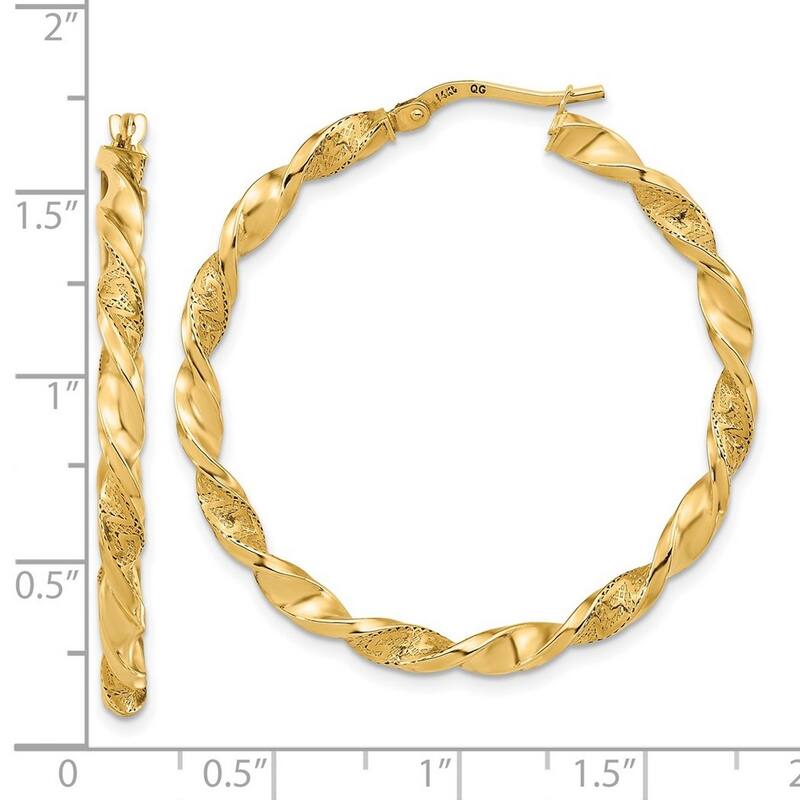 Curata 14k Yellow Gold Polished and Textured 39x3mm Twisted Hoop Earrings