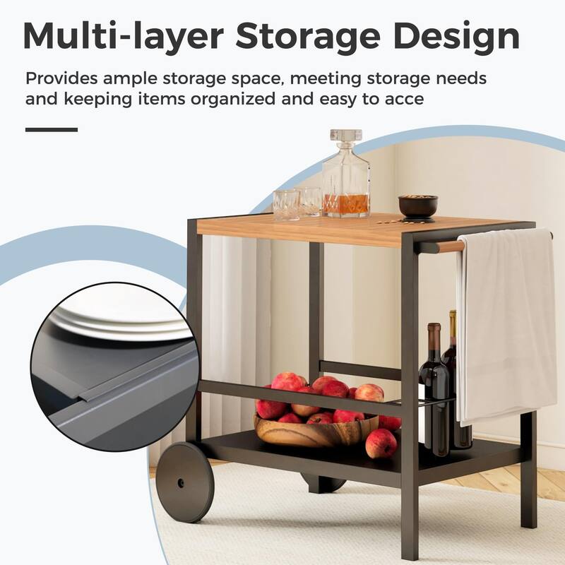 Outdoor Bar Cart with Wine Rack, Aluminum Grill Dining Cart with Double-Shelf