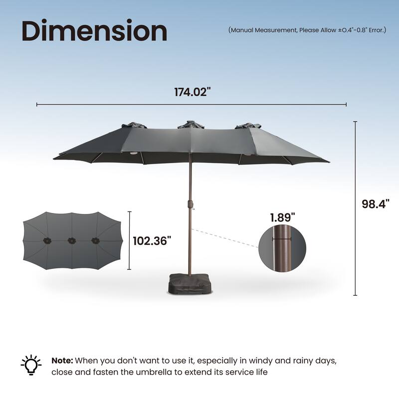 ​OVIOS 15ft Double-Sided Patio Outdoor Umbrella with Crank & Light