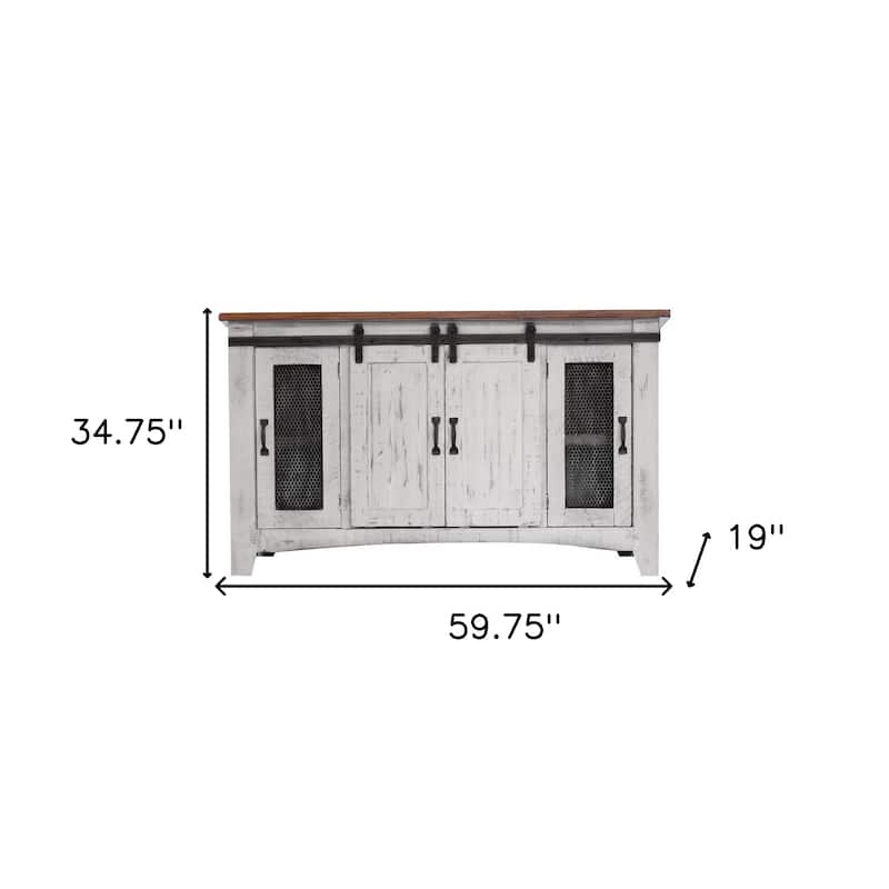 HomeRoots 60" White Solid Wood Cabinet Enclosed Storage Distressed TV Stand - 59.75' X '34.75' X '19