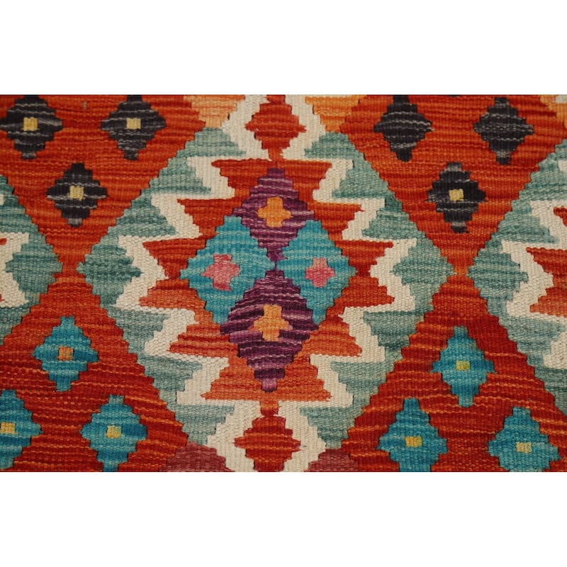 Orange Kilim Area Rug Hand-Woven Geometric Wool Carpet - 8'1" x 11'8"