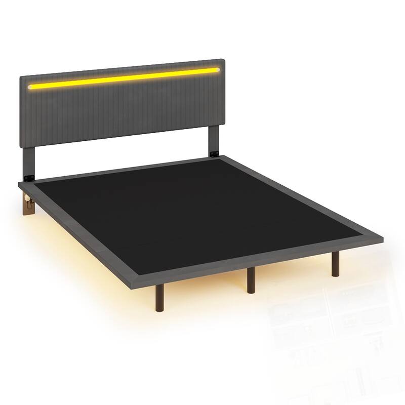 Modern Upholstered Floating Bed Frame with LED Lights Velvet Fabric Bed