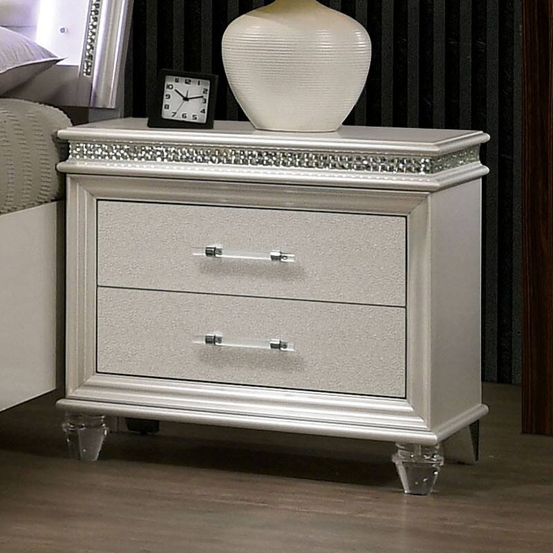 Classic Pearl White 1pc Solid Wood Nightstand w/ 2 Drawers & Acrylic Legs for Bedroom