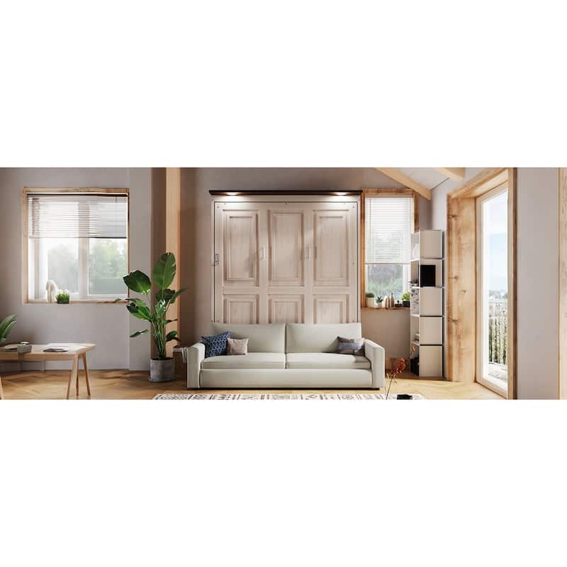 Roomfitters Queen Murphy Bed with Foldable Sofa and LED Lights, Space Saving, Beige