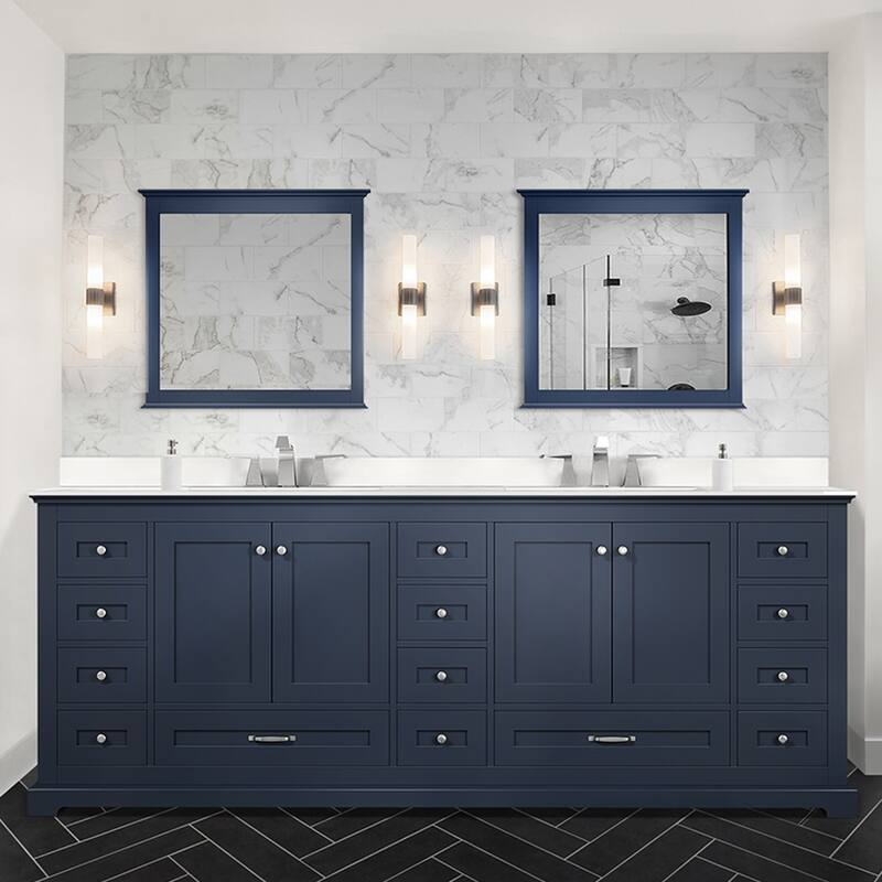 Dukes 84 in. W x 22 in. D Navy Blue Double Bath Vanity, White Quartz Top, Faucet Set, and 34 in. Mirrors - Blue - Brushed Nickel Finish - Double Vanities