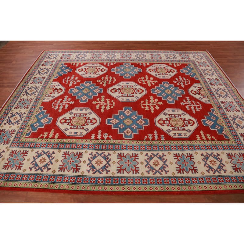 Hand Knotted Oriental 100% Wool Carpet Traditional Geometric Red Kazak Area Rug - 9' 6'' X 8' 0''