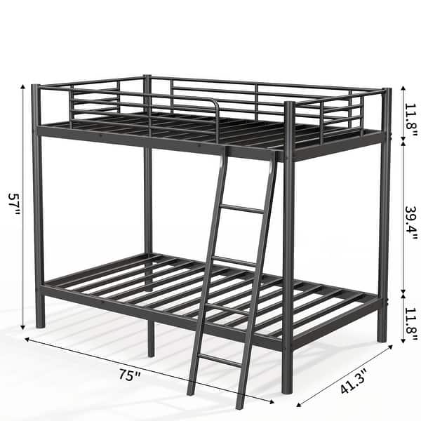 dimension image slide 0 of 2, Twin Over Full Bunk Bed with Ladder & Guardrail Heavy Duty, Heavy Duty Metal Slats