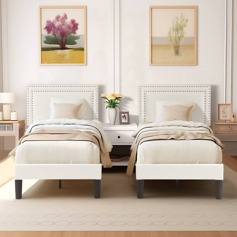 2 Pcs Upholstered Twin Size Platform Bed with Adjustable Headboard Double Riveted Headboard Twin Size Platform Bed