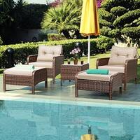 Costway 5 PCS Rattan Wicker Furniture Set Sofa Ottoman W/Brown Cushion Patio Garden Yard
