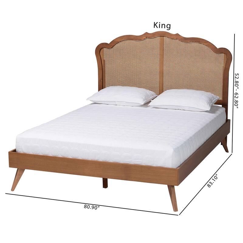 Aithan Mid-Century Walnut Brown Wood and Rattan Platform Bed