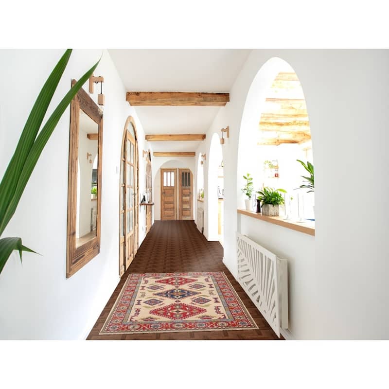 Geometric Kazak Accent Rug Hand-Knotted Beige Wool Carpet - 3'3" x 5'1"