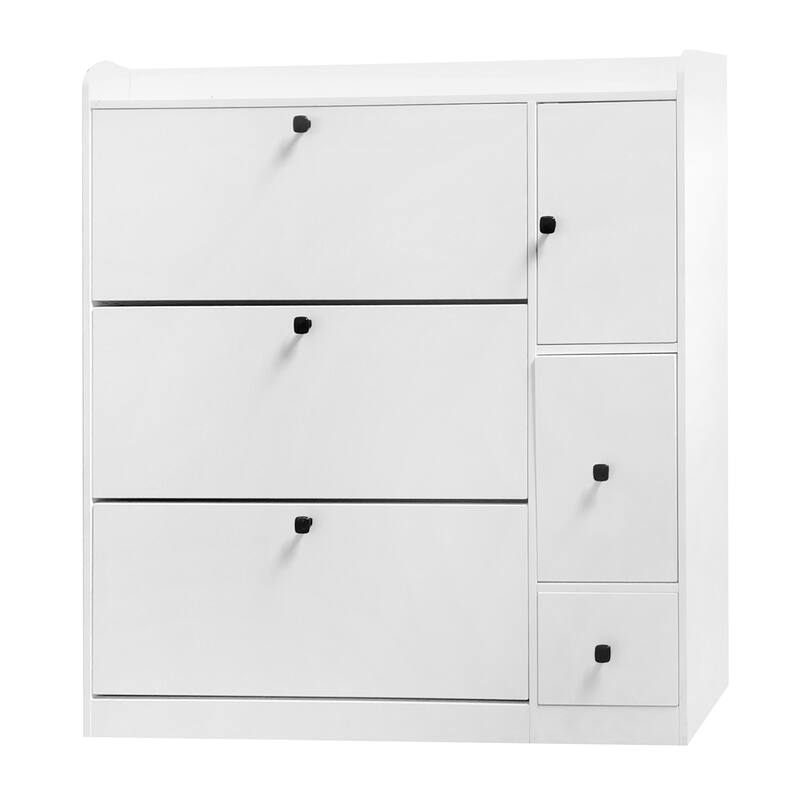 Modern Shoe Cabinet with Pull-Down Seat & 3 Flip Drawers, Freestanding Entryway Storage