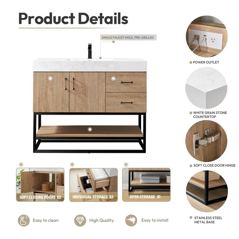 Alistair 42" Single Vanity with White Grain Stone Top without Mirror