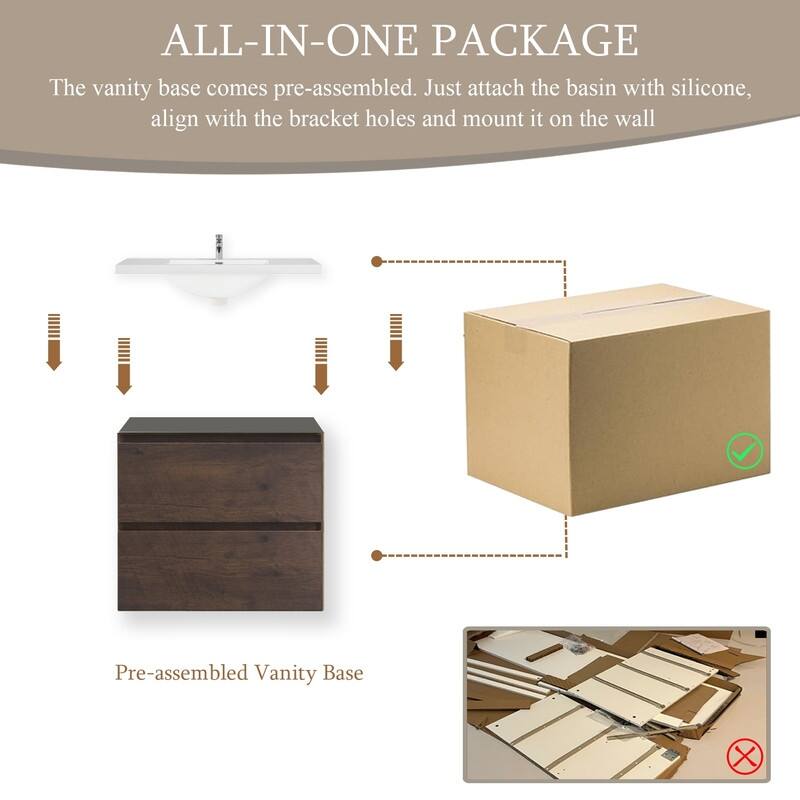 ABRUZZO 24" Floating Single Bathroom Vanity Wall-Mounted with Integrated Resin Top Basin 2 Soft Close Drawers Full Assembly