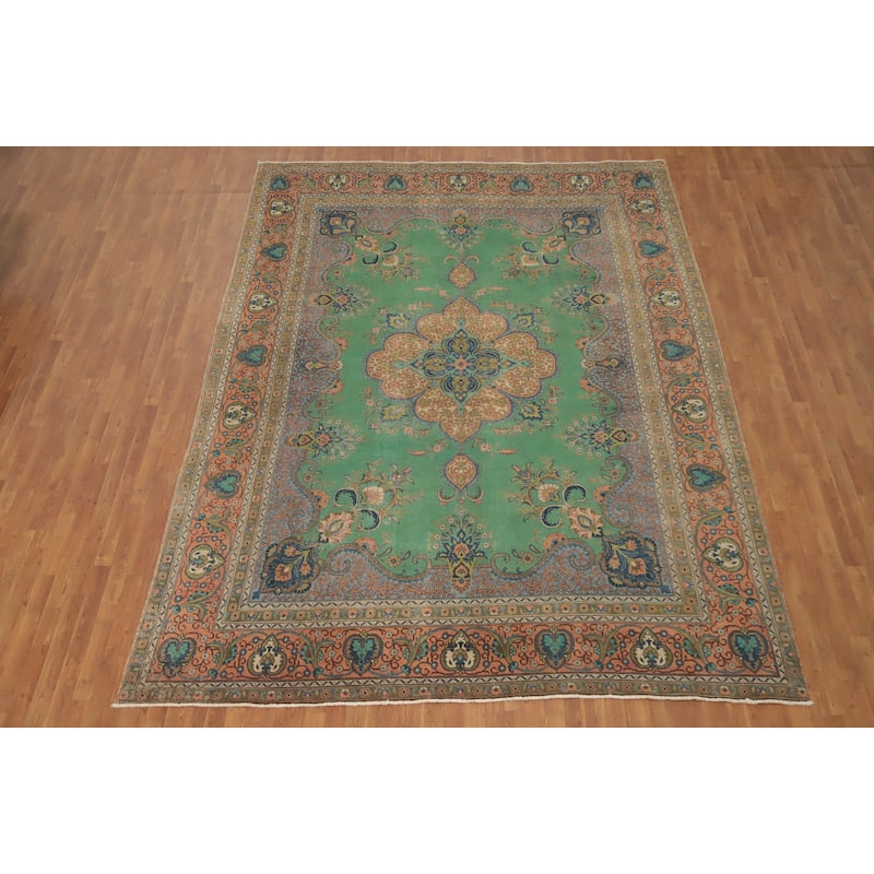 Hand Knotted Oriental 100% Wool Carpet Traditional Floral Green Tabriz Area Rug - 12' 9'' X 9' 6''