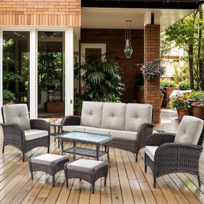Outdoor Sofa Chair with Ottmans Coffee Table -Beige - Brown
